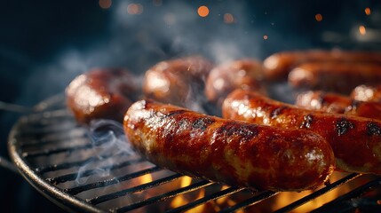 national sausage month grilled sausages sizzling on barbecue grill with smoke rising