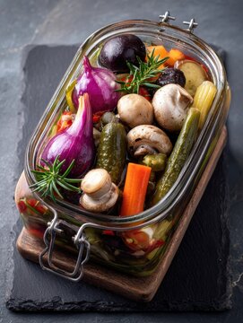 preserved vegetables and mushrooms in a box with seamer on the black chalkboard no logos no brands ar 34