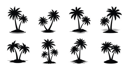 Fototapeta premium A collection of black silhouette tropical palm trees on small islands