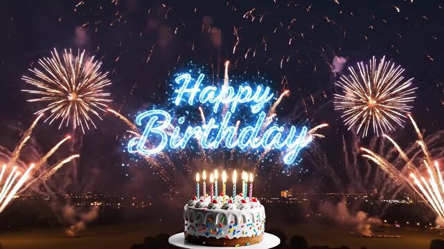 A birthday cake with lit candles and a 'Happy Birthday' sign surrounded by fireworks at night.