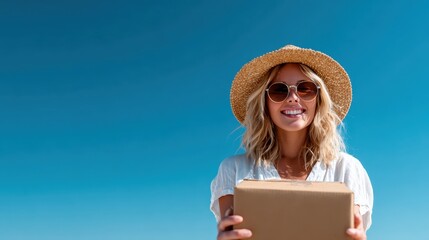 Fototapeta premium A smiling young woman with sunglasses and a straw hat holds a package against a vibrant blue sky, embodying joy and the excitement of receiving deliveries and surprises.