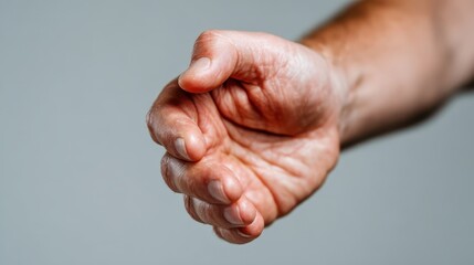 Fototapeta premium A detailed close-up shot of a human hand showing a gripping position against a neutral background, emphasizing texture, strength, and human form.