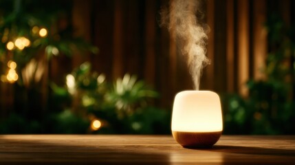 A beautiful diffuser on a wooden table emits gentle aromatic steam, creating a soothing and tranquil atmosphere that encourages relaxation and enhances well-being.
