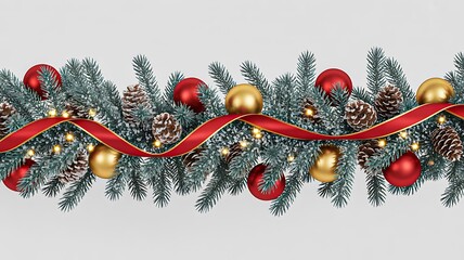 Christmas garland border decorated with pine branches red ribbon and festive ornaments
