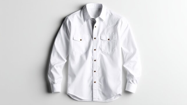 A neatly arranged white long sleeve shirt with a western design laid against a plain backdrop, showcasing timeless fashion and versatility for various occasions.