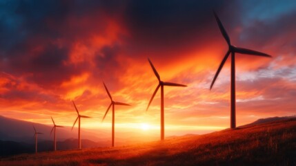 Fototapeta premium A breathtaking image of wind turbines silhouetted against a fiery sunset, highlighting the pursuit of renewable energy and the beauty of nature's dynamism and serenity.