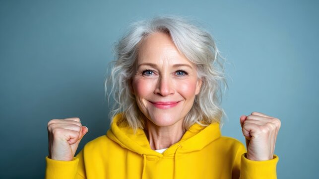 A joyful senior woman wearing a bright yellow hoodie showcases happiness and positivity, embodying a spirit of resilience and contentment in life. - Powered by Adobe