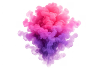 Colorful smoke cloud exploding, mixing vibrant pink and purple colors, creating an abstract liquid splash on transparent background