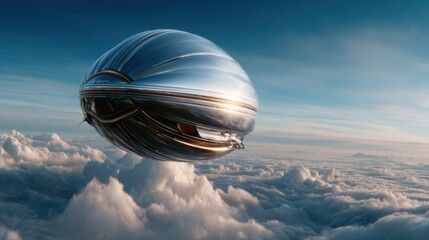 A sleek, futuristic silver airship gracefully glides high above the clouds, embodying the essence of innovation and imagination in a stunning sky backdrop.