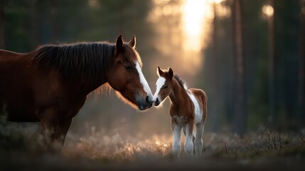 Obraz premium A heartwarming scene of a mother horse and her foal gently nuzzling in a beautiful forest glade, illuminated by the warm glow of sunset, capturing the bond of love.