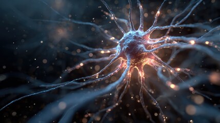 radiating neuronlike cell body sending signals in abstract space with glowing dendrites and nodes