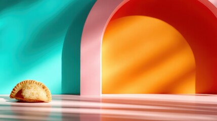 This vibrant still life features a delicious empanada resting against a striking background of colorful geometric shapes, showcasing modern design elements and appetizing food.