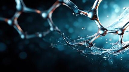 This image showcases dynamic water molecules and splashes, illustrating the beauty of fluid movement and molecular interactions in an abstract setting of blue tones.