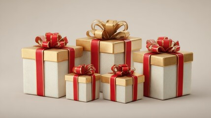 Fototapeta premium various sized gift boxes with red and gold ribbons