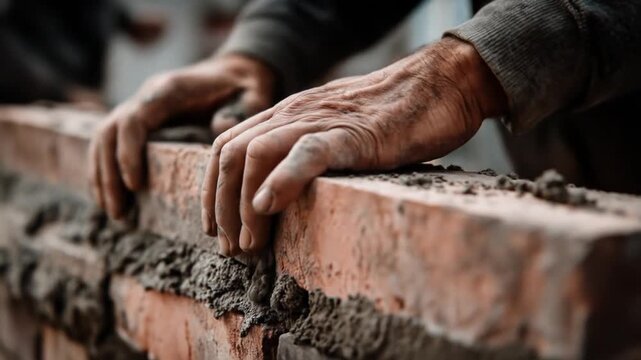 Worker applies fresh cement to a brick wall, hands steady as mortar seals rough blocks. tightly set
