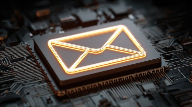 open email icon with glowing neon lines displays digital message on tech circuit board concept shows online communication information transfer data flow electronic mail information technology - Powered by Adobe