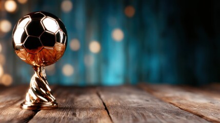 A gleaming golden soccer trophy set against a backdrop of colorful, blurred lights, representing triumph and achievement in sports and the spirit of competition.