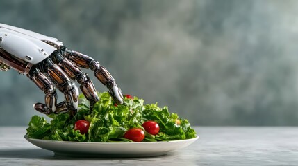 A futuristic robot hand gently reaching for a fresh salad, symbolizing the intersection of technology and healthy eating in a modern culinary context.