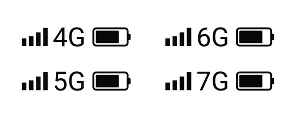 4G 5G 6G 7G mobile network signal icons with battery On Transparent Background