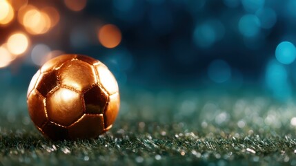 A striking golden soccer ball elegantly displayed against a backdrop of shimmering bokeh lights, embodying the spirit of sports and celebration.