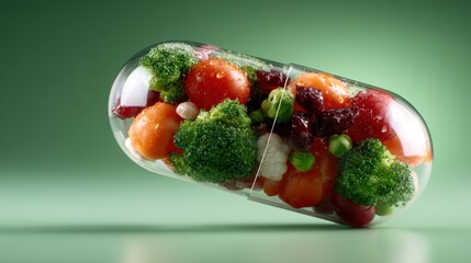 A creative representation of healthy living, this image showcases vibrant vegetables contained within a transparent capsule, symbolizing nutrition and the importance of fresh produce.