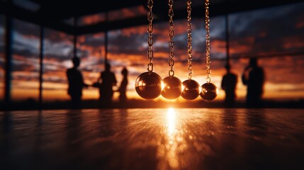 A mesmerizing shot of a pendulum with gleaming steel balls highlighted by a sunset, signaling the passage of time while inviting contemplation about existence and balance.