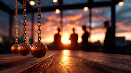 This dramatic image captures a golden pendulum swinging with silhouetted figures in the background, bathed in the warm hues of a captivating sunset, hinting at the passage of time.
