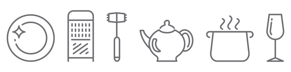 Kitchenware line icon set featuring clean dishes, cooking pot, wine glass, teapot, grater and saucepan. Editable outline symbols for cooking, kitchen utensils and culinary illustration