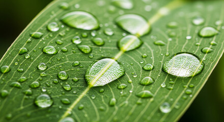 Dew drops on a fresh green leaf in the morning