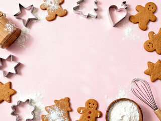 Christmas gingerbread cookies baking and preparation festive holiday flat lay setup