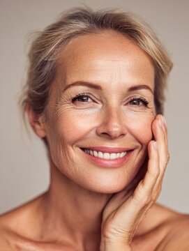 beauty portrait of mature woman smiling with hand on face closeup face of happy senior woman feeling fresh after antiaging treatment smiling beauty looking at camera with perfect skin no logos no bra