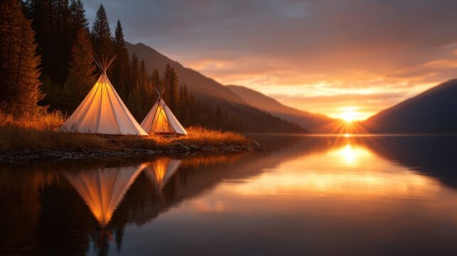 Two native tipis glow warmly in the fading light by a tranquil lake, reflecting the beautiful sunset and showcasing the harmony of nature and indigenous culture.
