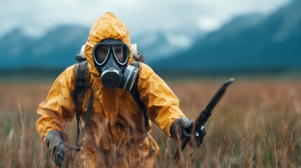 A determined hazmat worker in a yellow suit and gas mask navigates a vast landscape, emphasizing themes of survival and environmental awareness amidst nature's beauty and danger.