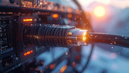 Digital Connection and Serene Dawn: A detailed view of a digital cable, radiating with a soft light. The composition reveals technology in a serene mountain setting.