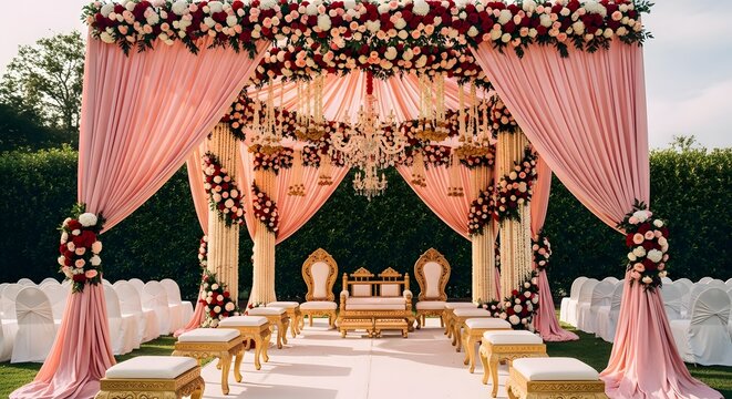 Elegant outdoor wedding mandap decorated with pink drapes and flowers
