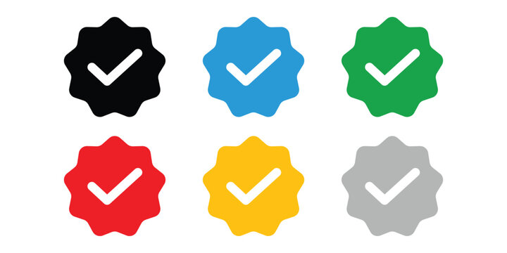 Six Verified Checkmark Badges in Various Colors tick On Transparent Background