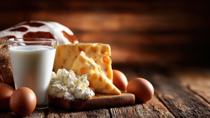 An inviting arrangement of dairy products, including milk and various cheeses, on a rustic wooden table evokes warmth, comfort, and traditional culinary enjoyment.
