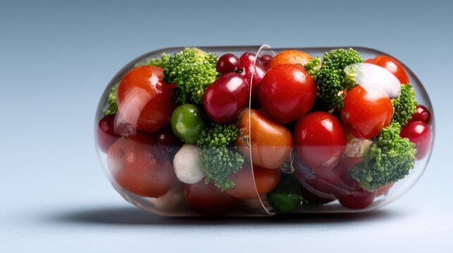 An imaginative concept of a transparent capsule filled with fresh vegetables, symbolizing health and wellness, blending culinary arts with innovative nutrition ideas.