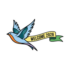 Detailed cartoon illustration of a flying bird carrying a banner with 