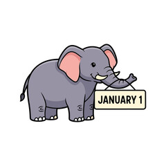 Cute cartoon elephant holding a sign with 'january 1' written on it, representing a new year's start