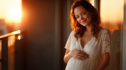 A glowing woman stands softly illuminated by the sunset, gracefully cradling her baby bump, capturing the essence of motherhood, anticipation, and the beauty of life's journey.