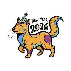 A cheerful new year celebration illustration featuring a colorful dog character for 2026