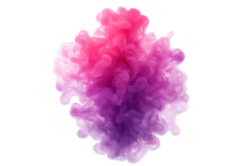 Pink and purple fluid ink cloud swirling in water creating abstract artistic shapes on transparent background