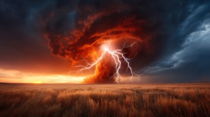 A breathtaking display of lightning against a dramatic stormy sky over golden fields evokes a sense of awe and the raw power of nature in an intense moment.