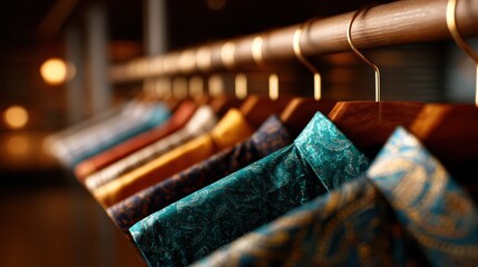 A vibrant collection of shirts hanging neatly on a wooden rack, showcasing a variety of colors and fabrics, perfect for fashion enthusiasts and retail displays.