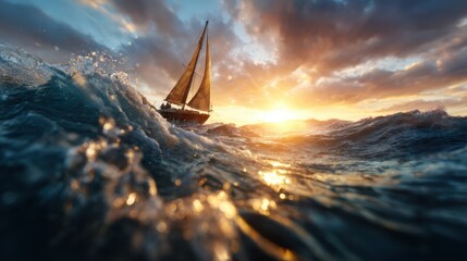 A sailboat gracefully cuts through the waves at sunset, creating a stunning silhouette against the colorful sky, embodying the spirit of adventure and freedom.