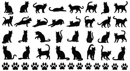 Extensive Vector Collection of Black Cat Silhouettes in Various Dynamic Poses, Including Multiple Paw Prints, Ideal for Pet Shop Logos, Animal Graphics, and Wildlife Design Assets.