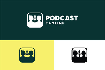 Logo for podcast with Two people talking into a microphone icon. Simple design template