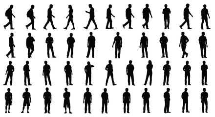 Large Collection of Diverse People Silhouettes: Walking, Standing, and Posing for Crowds, Graphics, and Architectural Renderings, Black and White Vector.