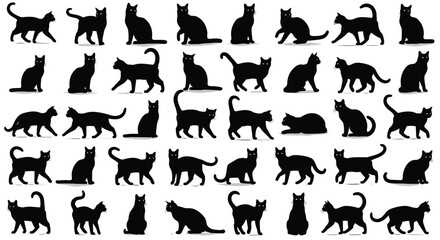 Large Collection of Detailed Black Cat Silhouettes in Diverse Poses, Isolated Vector Graphics, Perfect for Pet Logos, Animal Graphics, and Wildlife Design Assets.